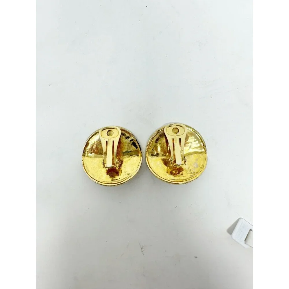 Chanel Pair of Gold Plated Black Metal Clip On Earrings Interlocked C Logo Round